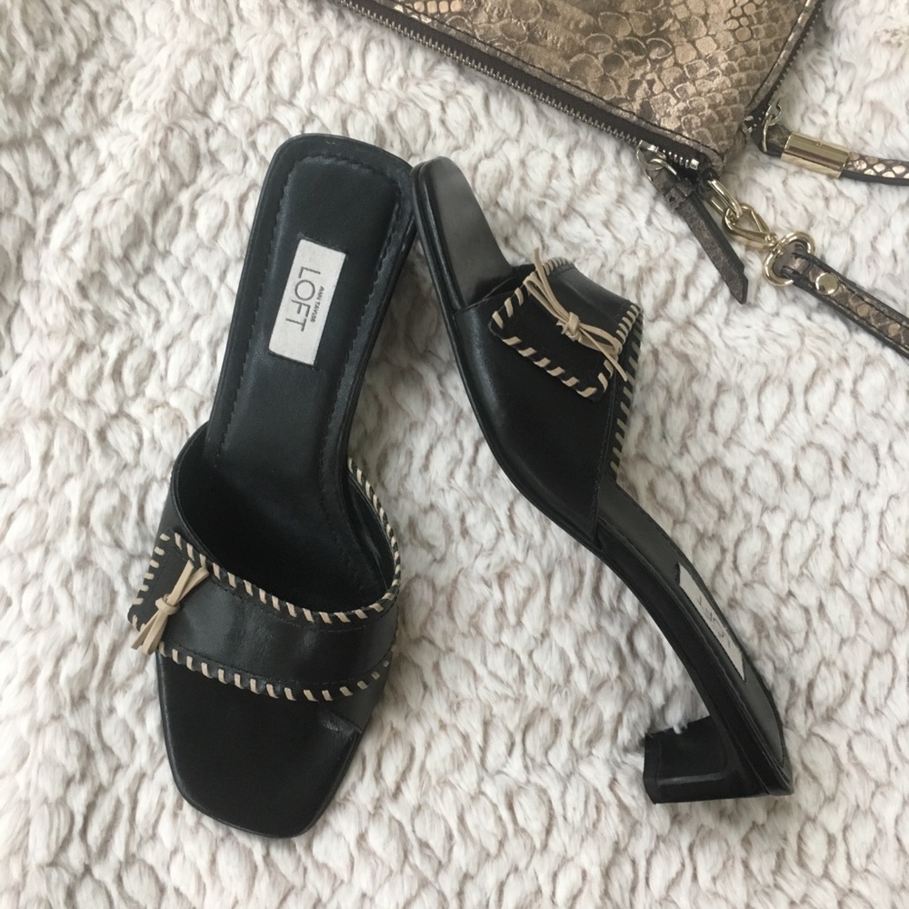 LOFT Black Leather Slide Sandals with Tan Whipstitch